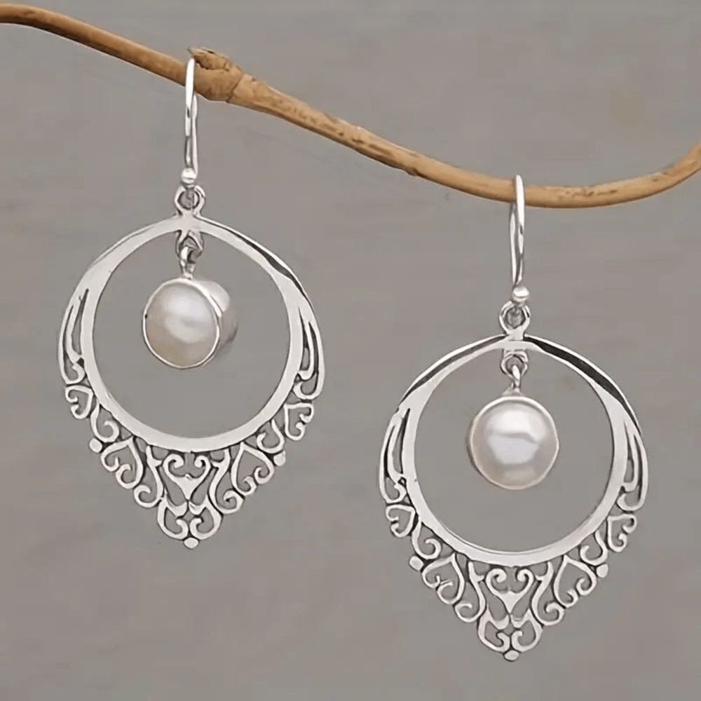 Silver Pearl Round Filigree Dangle Earrings